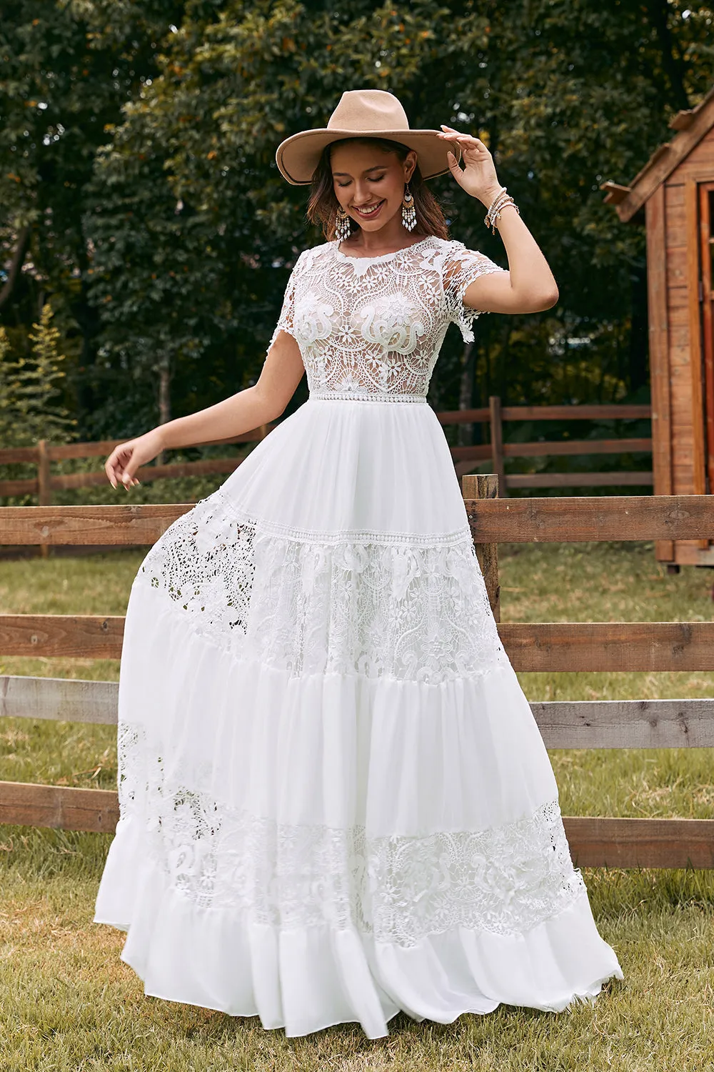 Ivory Short Sleeves Boho Chiffon Wedding Dress with Lace sold by Zapaka product image thumbnail 5