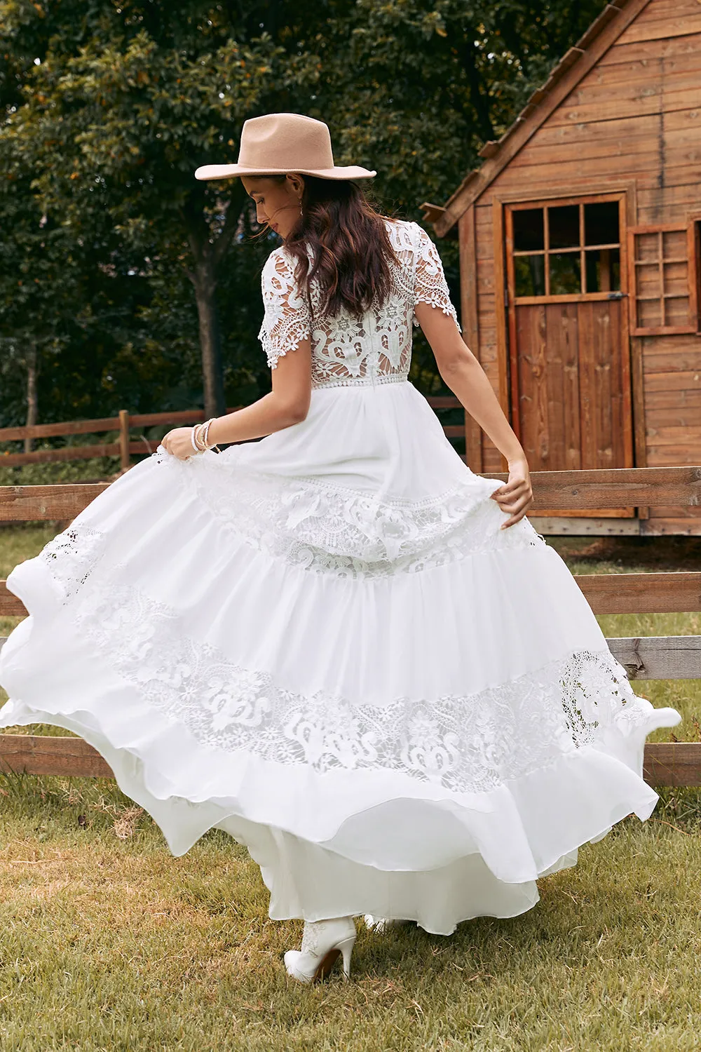 Ivory Short Sleeves Boho Chiffon Wedding Dress with Lace sold by Zapaka product image thumbnail 2
