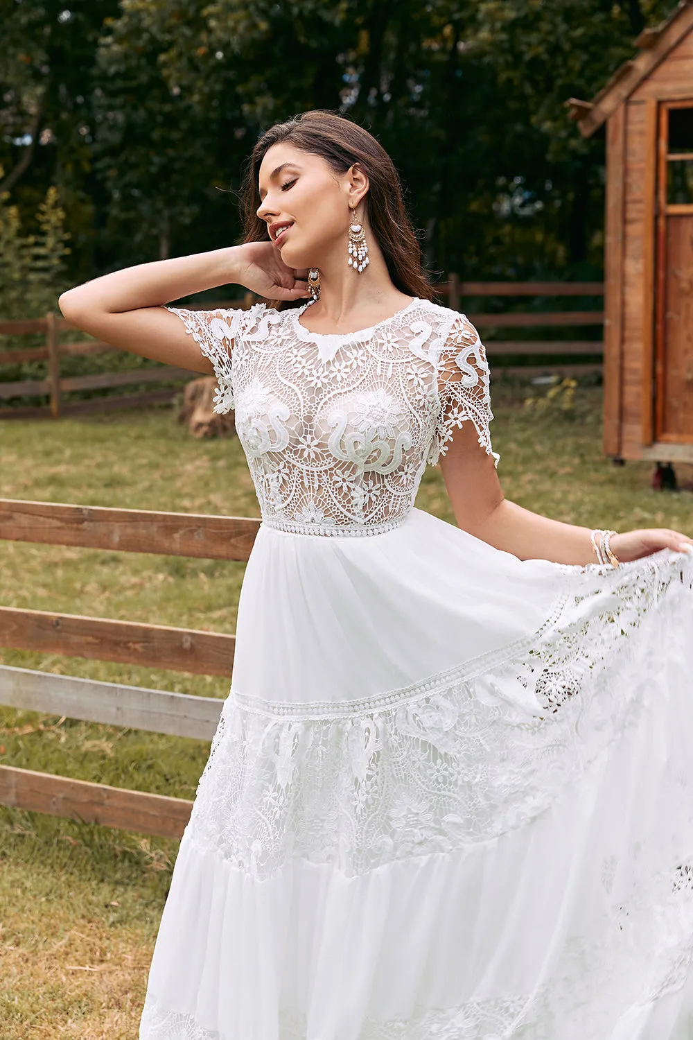 Ivory Short Sleeves Boho Chiffon Wedding Dress with Lace sold by Zapaka product image thumbnail 3
