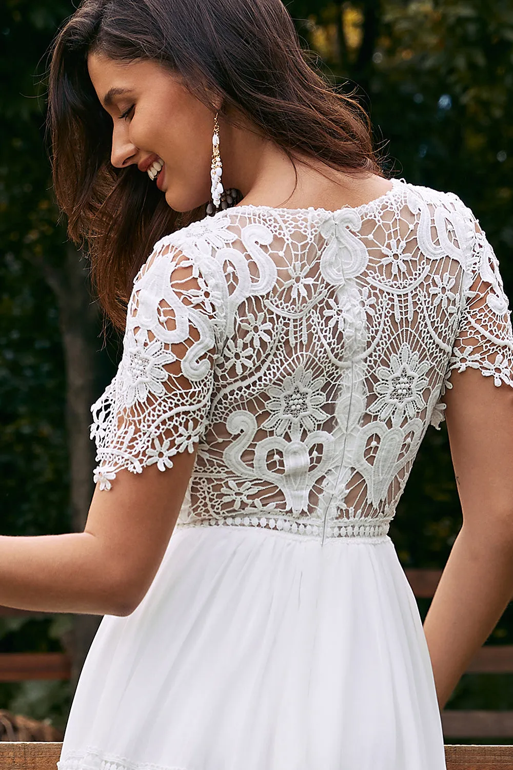 Ivory Short Sleeves Boho Chiffon Wedding Dress with Lace sold by Zapaka product image thumbnail 4