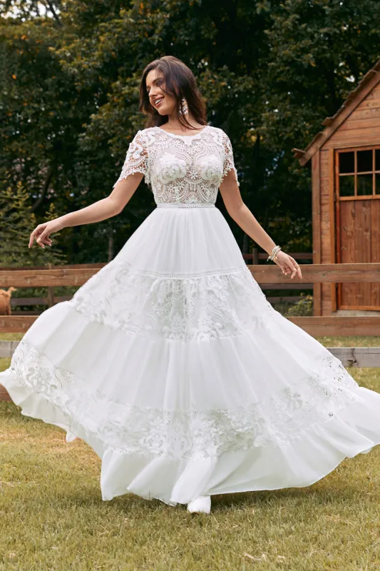 Ivory Short Sleeves Boho Chiffon Wedding Dress with Lace sold by Zapaka