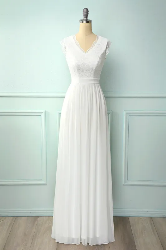 V-neck White Long Bridesmaid Dress sold by Zapaka