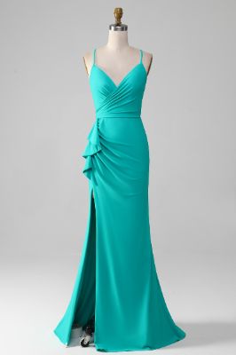 Turquoise Spaghetti Straps Open Back Mermaid Pleated Prom Dress made by Zapaka