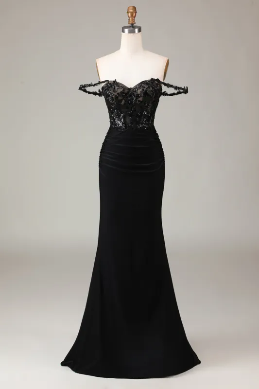 Off the Shoulder Black Sparkly Mermaid Prom Dress sold by Zapaka