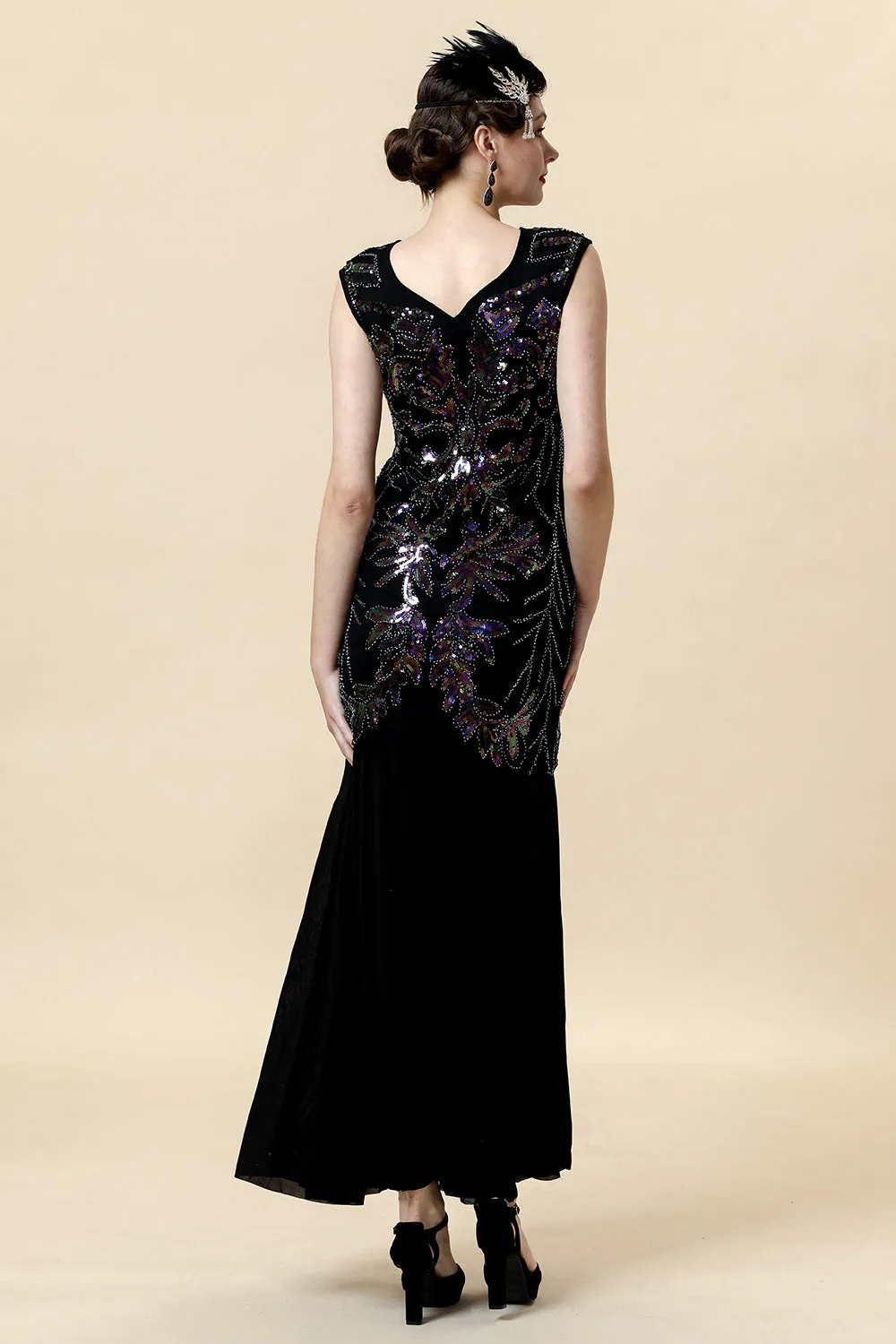 Black Sequins Long Gatsby Dress with 20s Accessories Set sold by Zapaka product image thumbnail 4