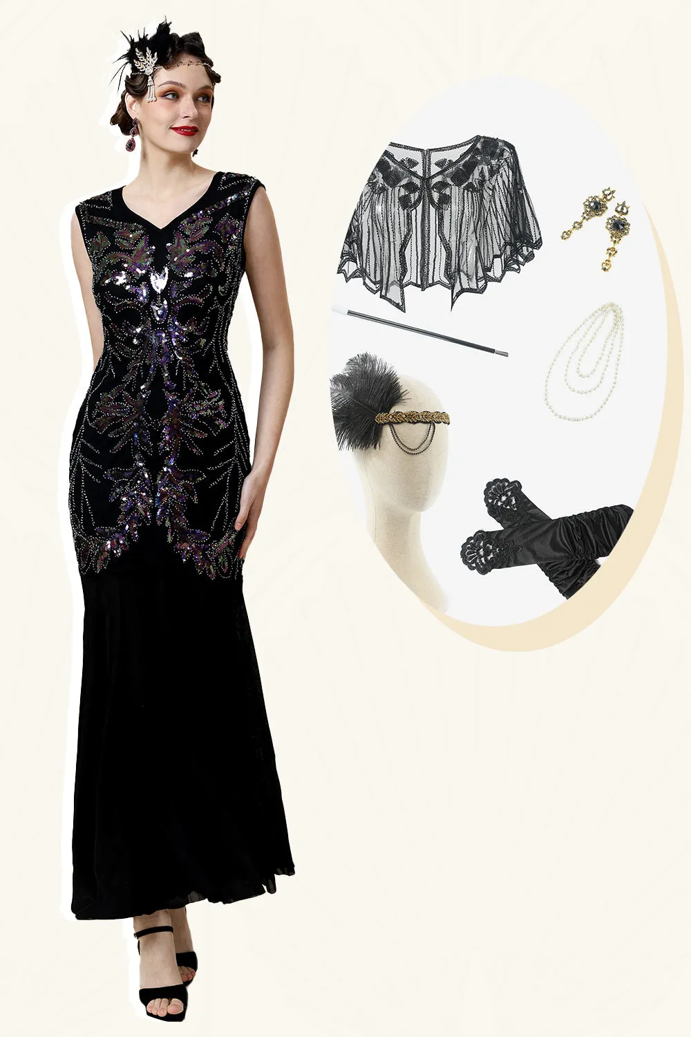 Black Sequins Long Gatsby Dress with 20s Accessories Set sold by Zapaka