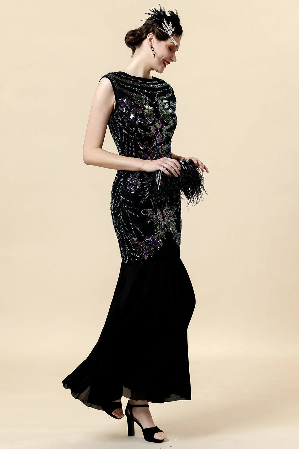 Black Sequins Long Gatsby Dress with 20s Accessories Set sold by Zapaka product image thumbnail 5