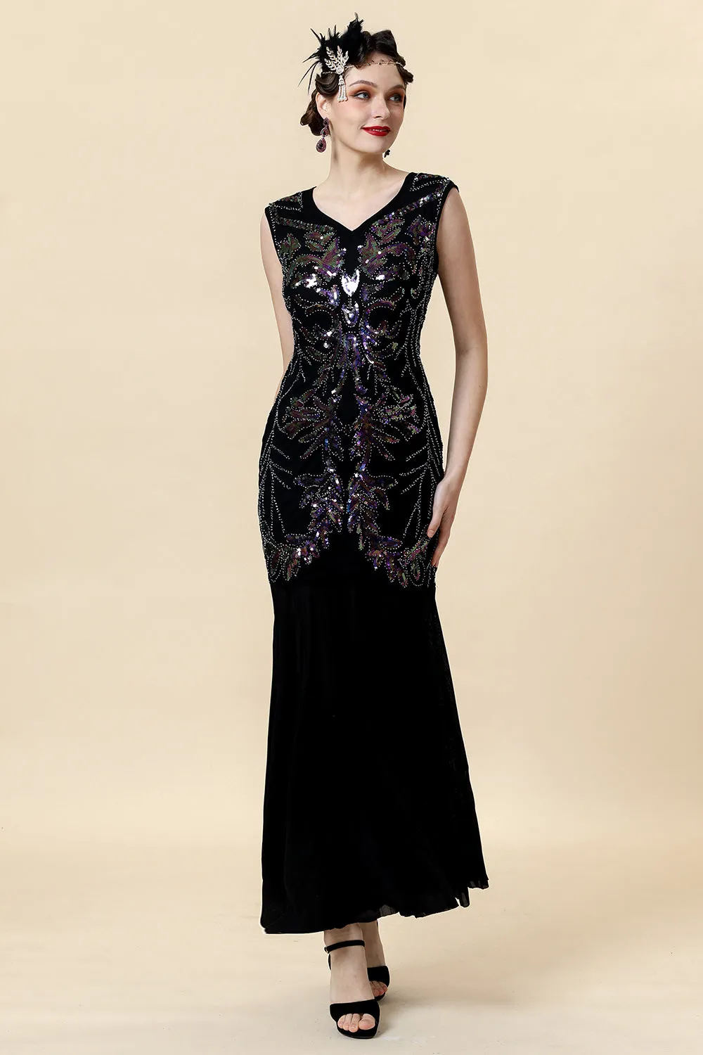 Black Sequins Long Gatsby Dress with 20s Accessories Set sold by Zapaka product image thumbnail 2