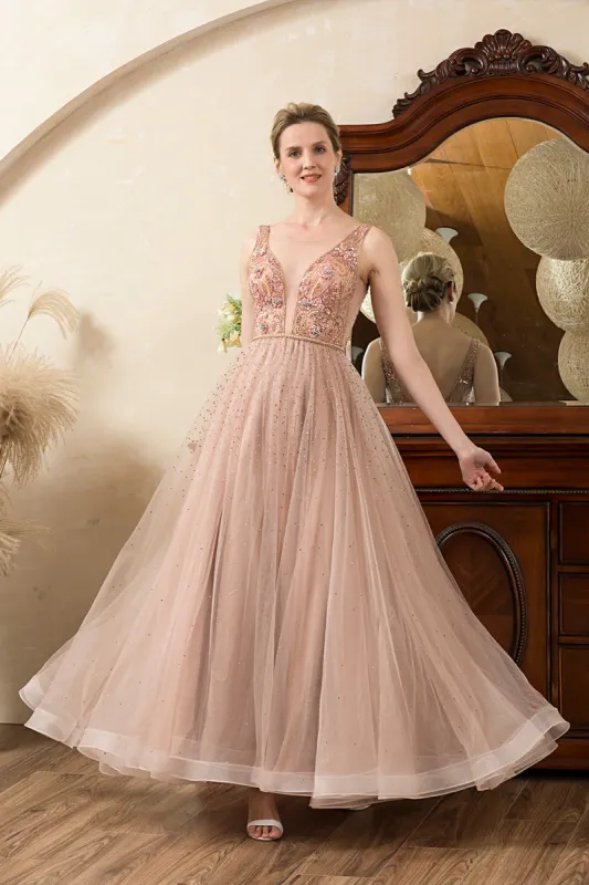 Blush Beaded A Line Sparkly Evening Dress sold by Zapaka