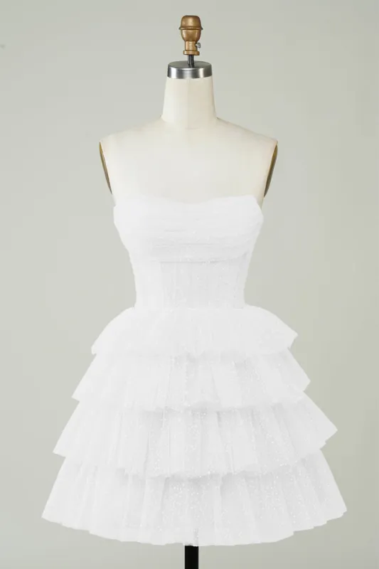White Sparkly Corset Tiered Cute Short Graduation Dress sold by Zapaka