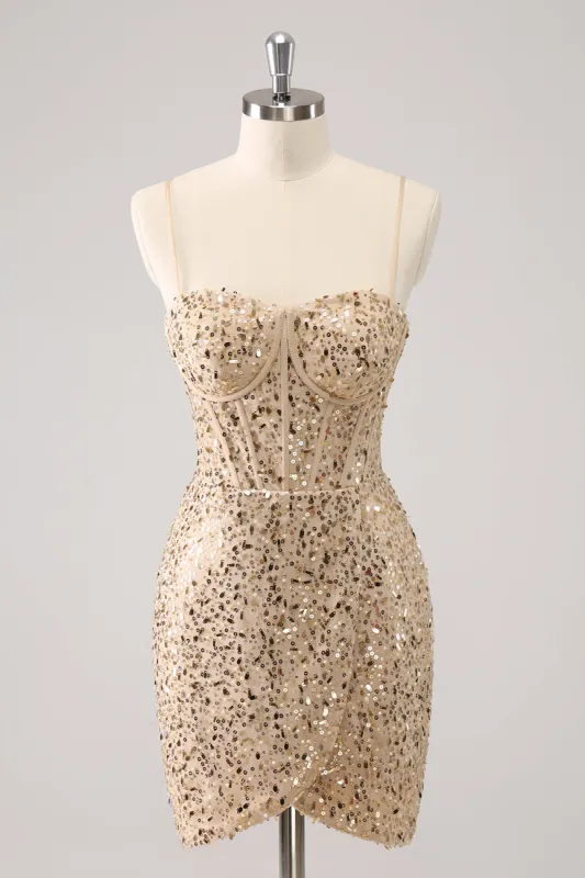 Sparkly Golden Spaghetti Straps Bodycon Homecoming Dress with Sequins sold by Zapaka