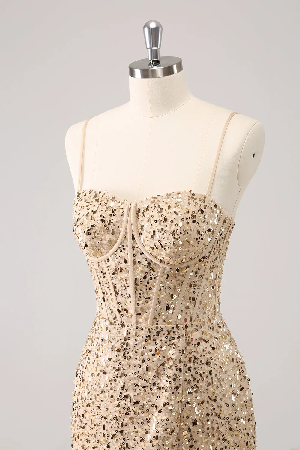 Sparkly Golden Spaghetti Straps Bodycon Homecoming Dress with Sequins sold by Zapaka product image thumbnail 3