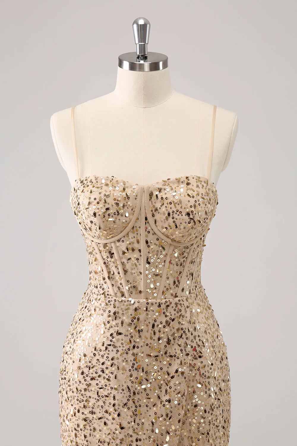 Sparkly Golden Spaghetti Straps Bodycon Homecoming Dress with Sequins sold by Zapaka product image thumbnail 4