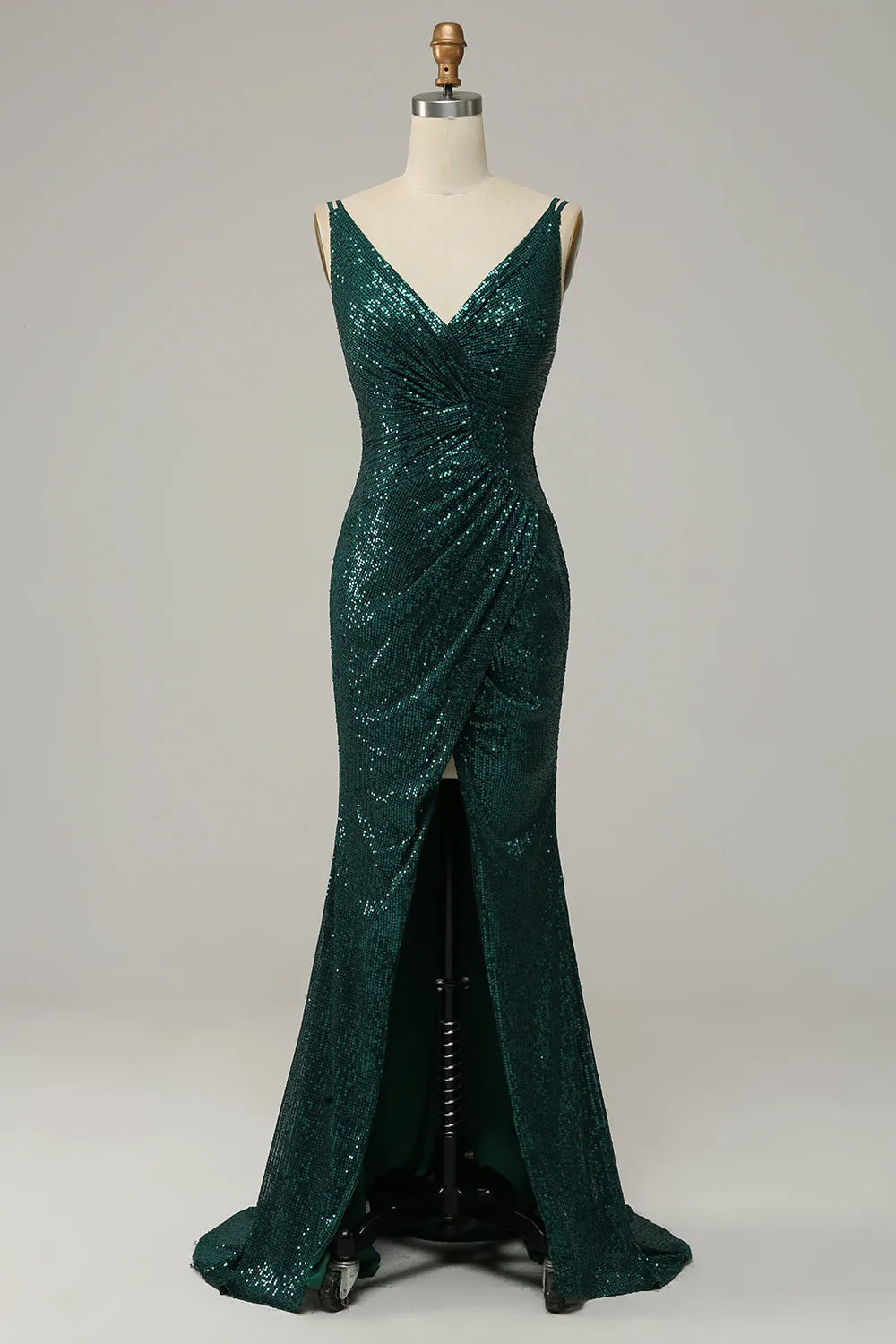 Dark Green Sequined Spaghetti Straps Prom Dress With Slit sold by Zapaka