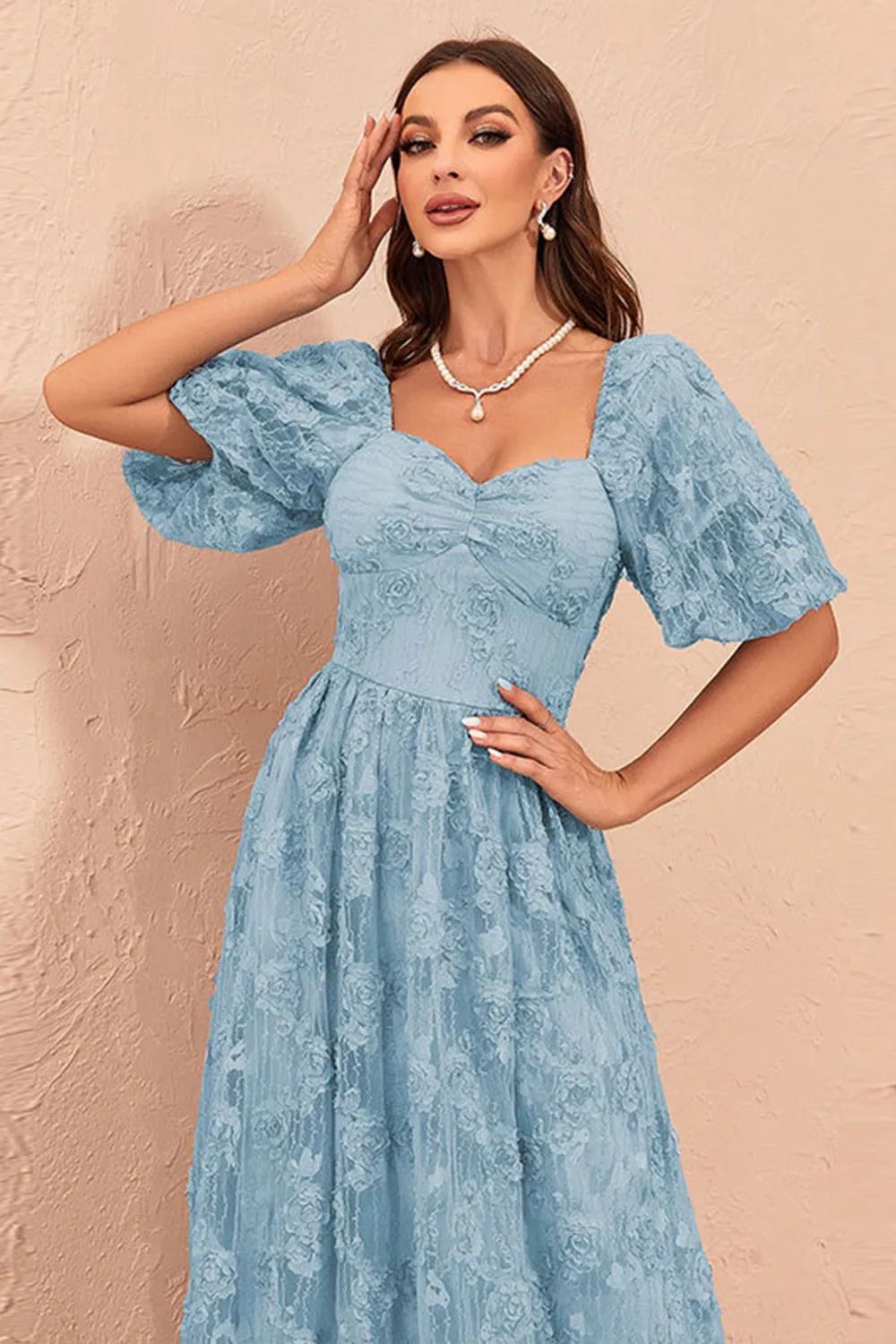 Blue A Line Prom Dress with Puff Sleeves sold by Zapaka product image thumbnail 3