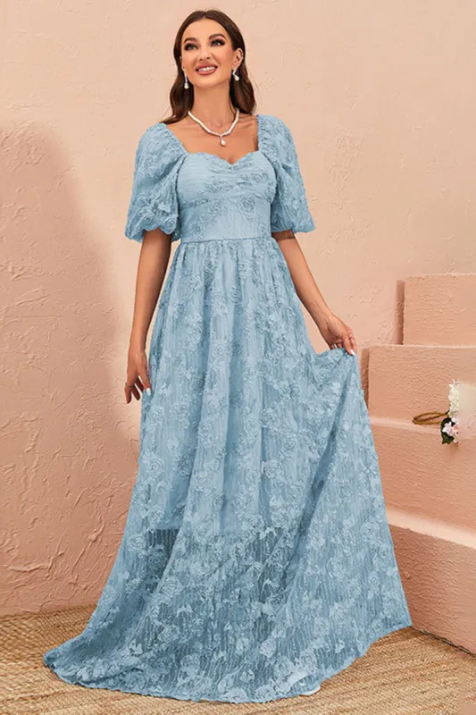Blue A Line Prom Dress with Puff Sleeves sold by Zapaka