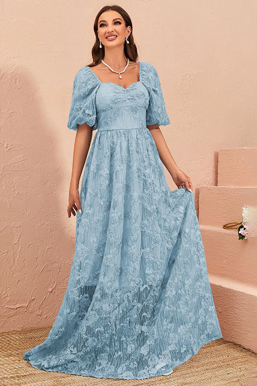 Blue A Line Prom Dress with Puff Sleeves sold by Zapaka