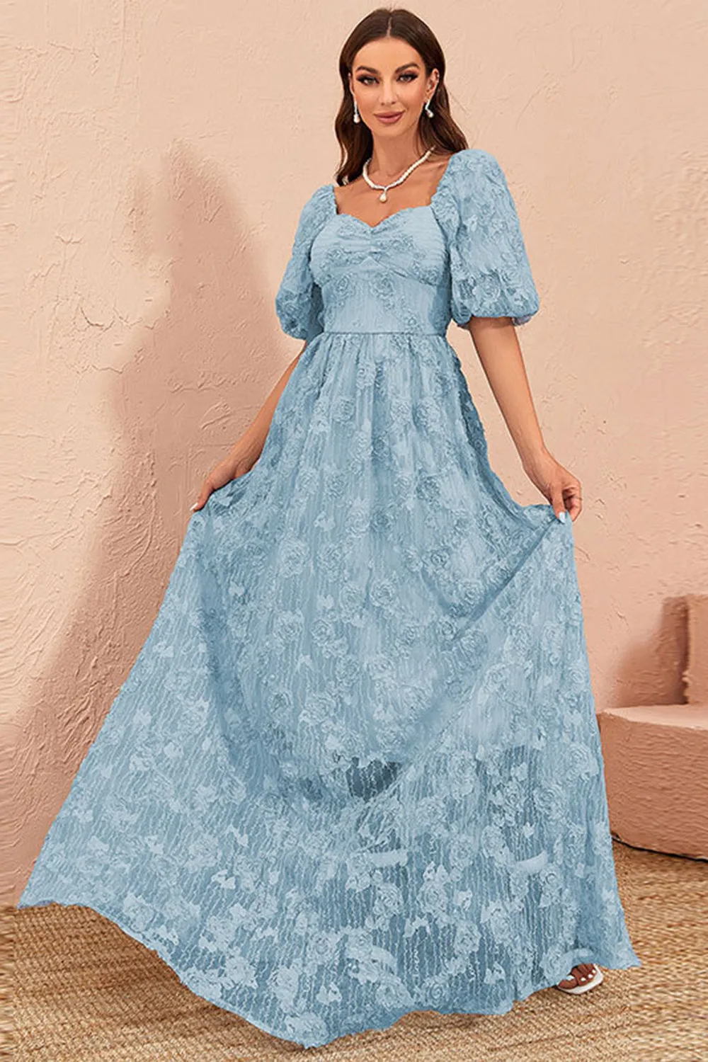 Blue A Line Prom Dress with Puff Sleeves sold by Zapaka product image thumbnail 5