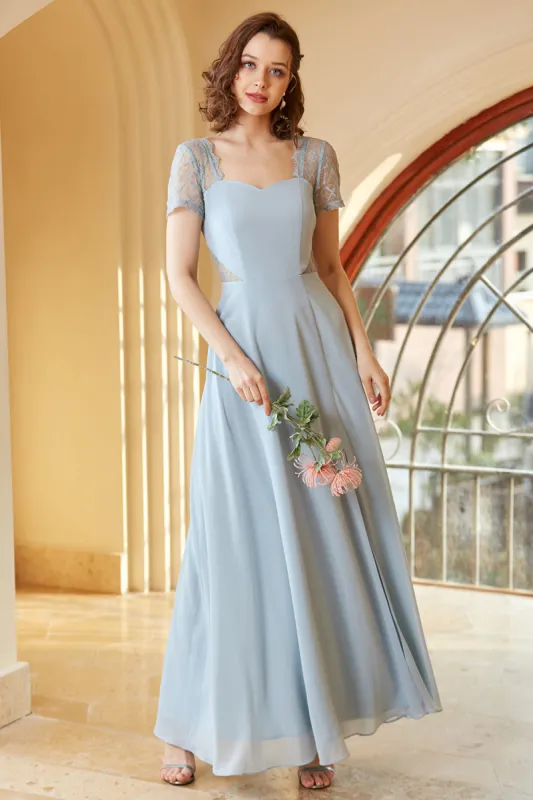 Long Chiffon Blue Bridesmaid Dress with Sleeves sold by Zapaka