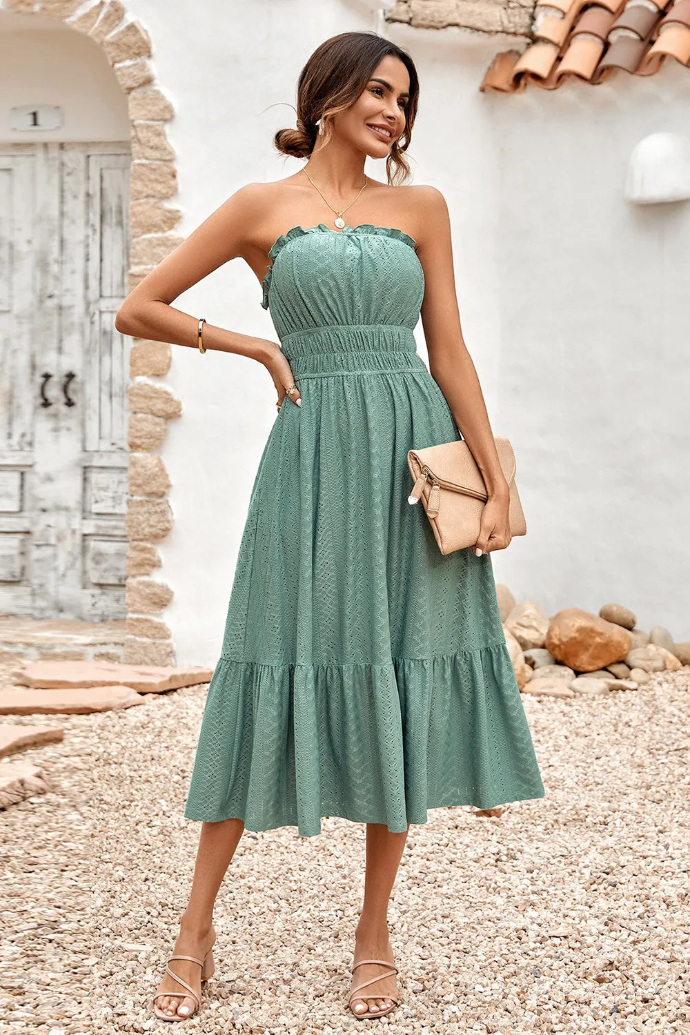 Green Strapless A-line Midi Summer Dress sold by Zapaka product image thumbnail 3