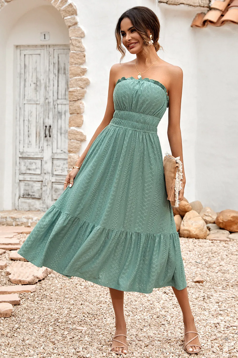 Green Strapless A-line Midi Summer Dress sold by Zapaka