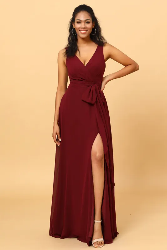 Burgundy Wrap Chiffon Bridesmaid Dress with Slit sold by Zapaka