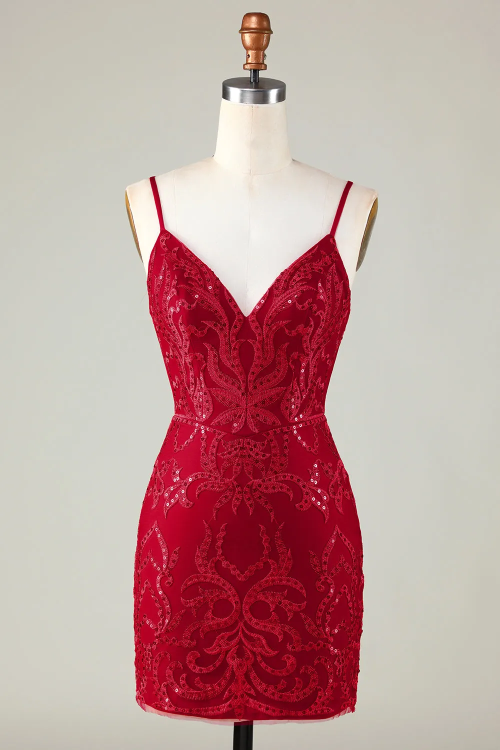 Sparkly Dark Red Sequins Spaghetti Straps Tight Short Homecoming Dress sold by Zapaka