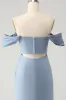Grey Blue Mermaid Off the Shoulder Chiffon Long Bridesmaid Dress with Slit sold by Zapaka
