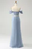 Grey Blue Mermaid Off the Shoulder Chiffon Long Bridesmaid Dress with Slit sold by Zapaka