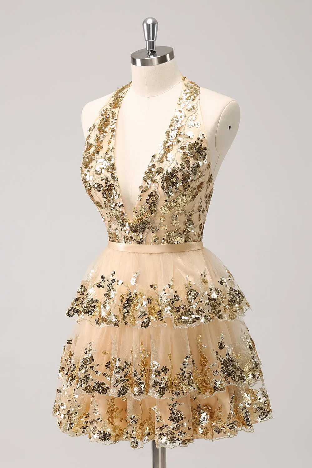 Sparkly Gold A-Line Halter Tiered Sequined Backless Short Homecoming Dress sold by Zapaka product image thumbnail 3