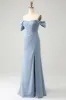 Grey Blue Mermaid Off the Shoulder Chiffon Long Bridesmaid Dress with Slit sold by Zapaka