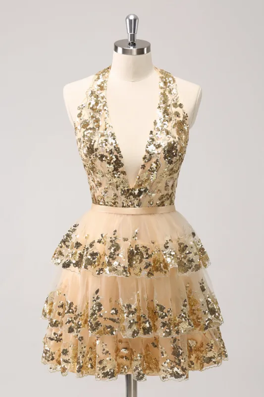 Sparkly Gold A-Line Halter Tiered Sequined Backless Short Homecoming Dress sold by Zapaka