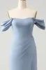 Grey Blue Mermaid Off the Shoulder Chiffon Long Bridesmaid Dress with Slit sold by Zapaka