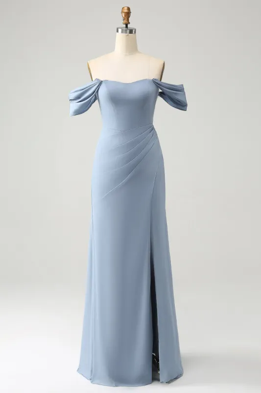 Grey Blue Mermaid Off the Shoulder Chiffon Long Bridesmaid Dress with Slit sold by Zapaka