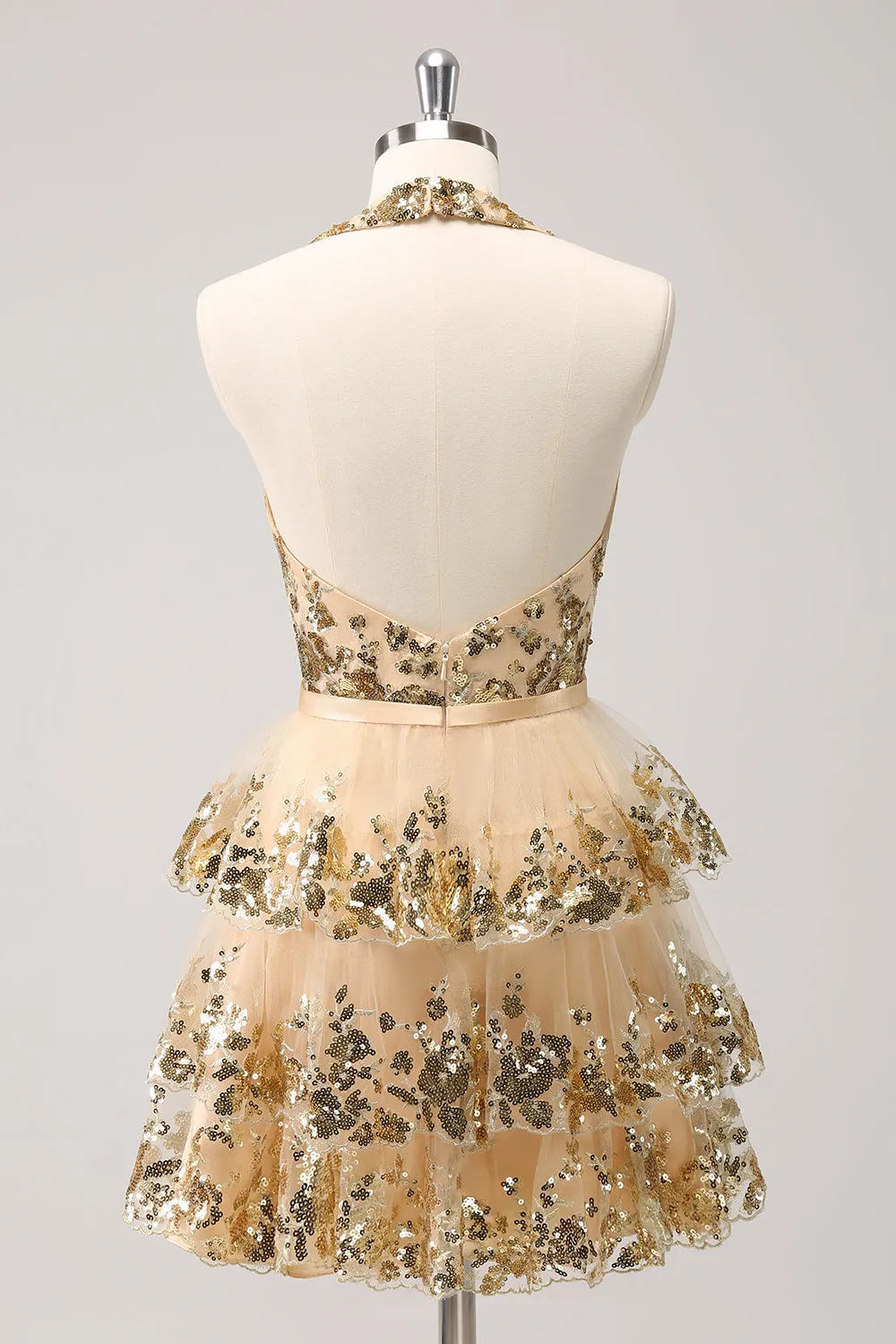 Sparkly Gold A-Line Halter Tiered Sequined Backless Short Homecoming Dress sold by Zapaka product image thumbnail 2