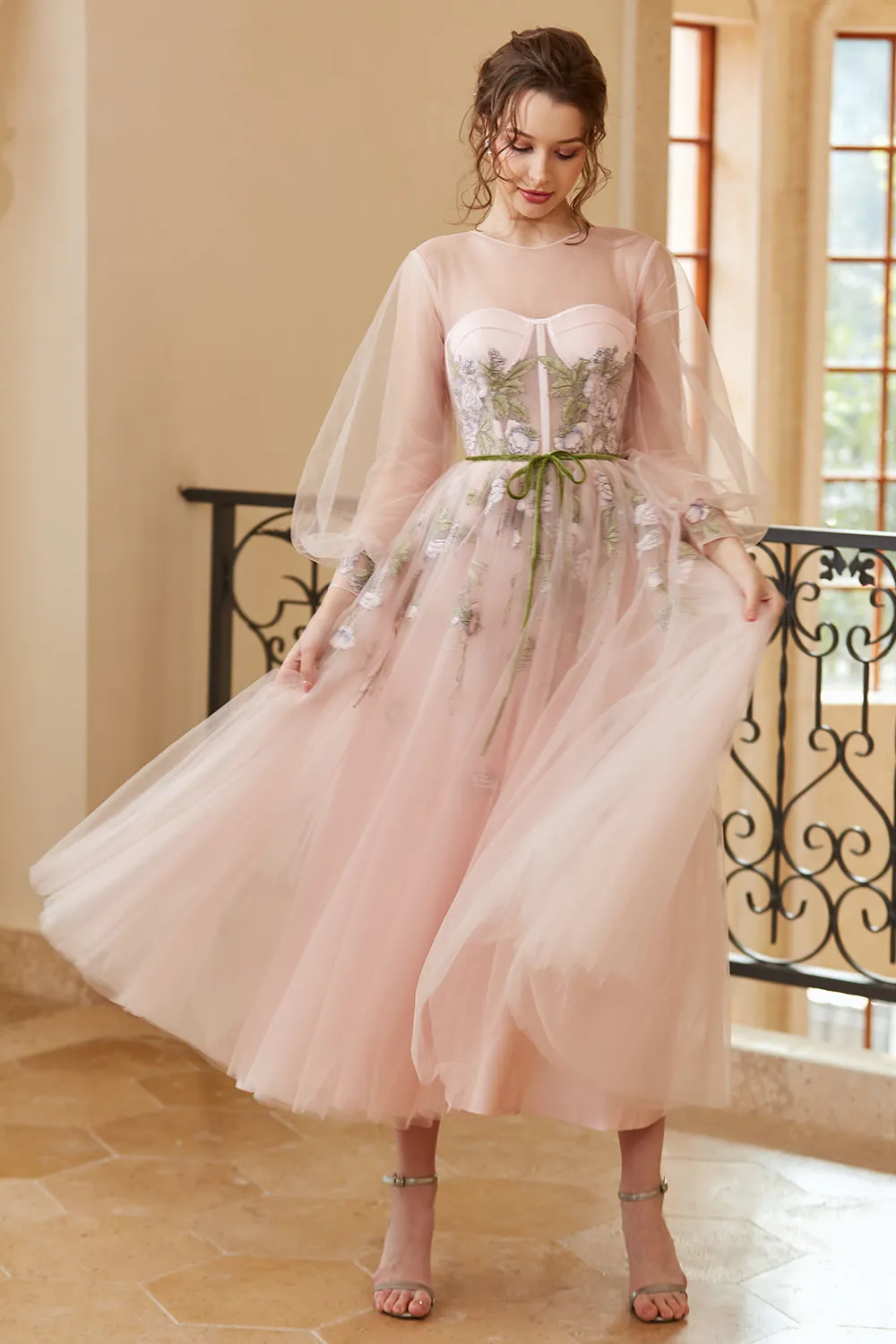 A Line Jewel Light Nude Tea Length Prom Dress with Long Sleeves sold by Zapaka product image thumbnail 3