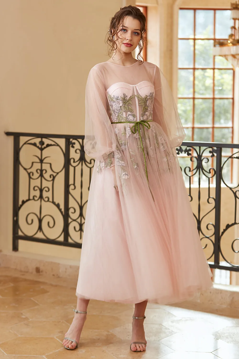 A Line Jewel Light Nude Tea Length Prom Dress with Long Sleeves sold by Zapaka product image thumbnail 4