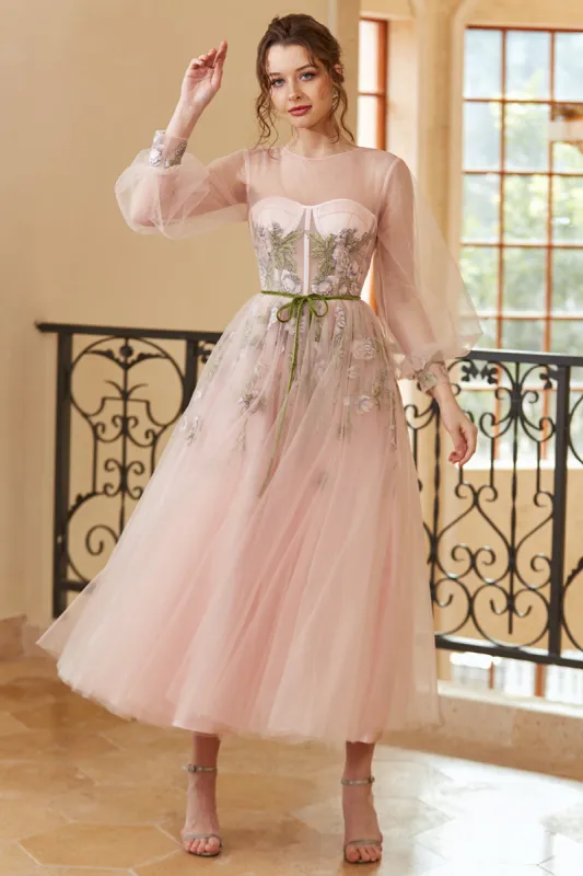 A Line Jewel Light Nude Tea Length Prom Dress with Long Sleeves made by Zapaka