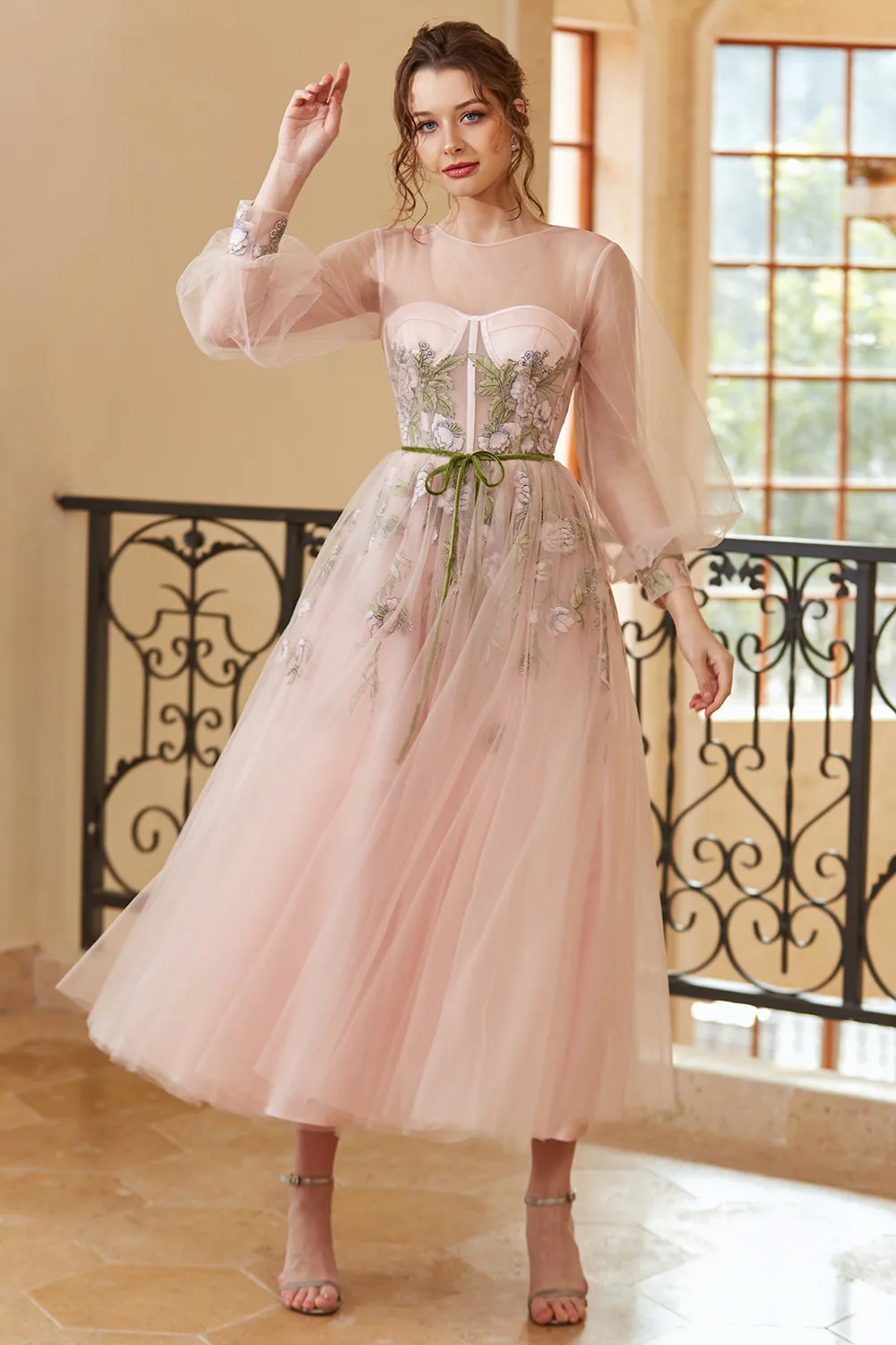 A Line Jewel Light Nude Tea Length Prom Dress with Long Sleeves sold by Zapaka