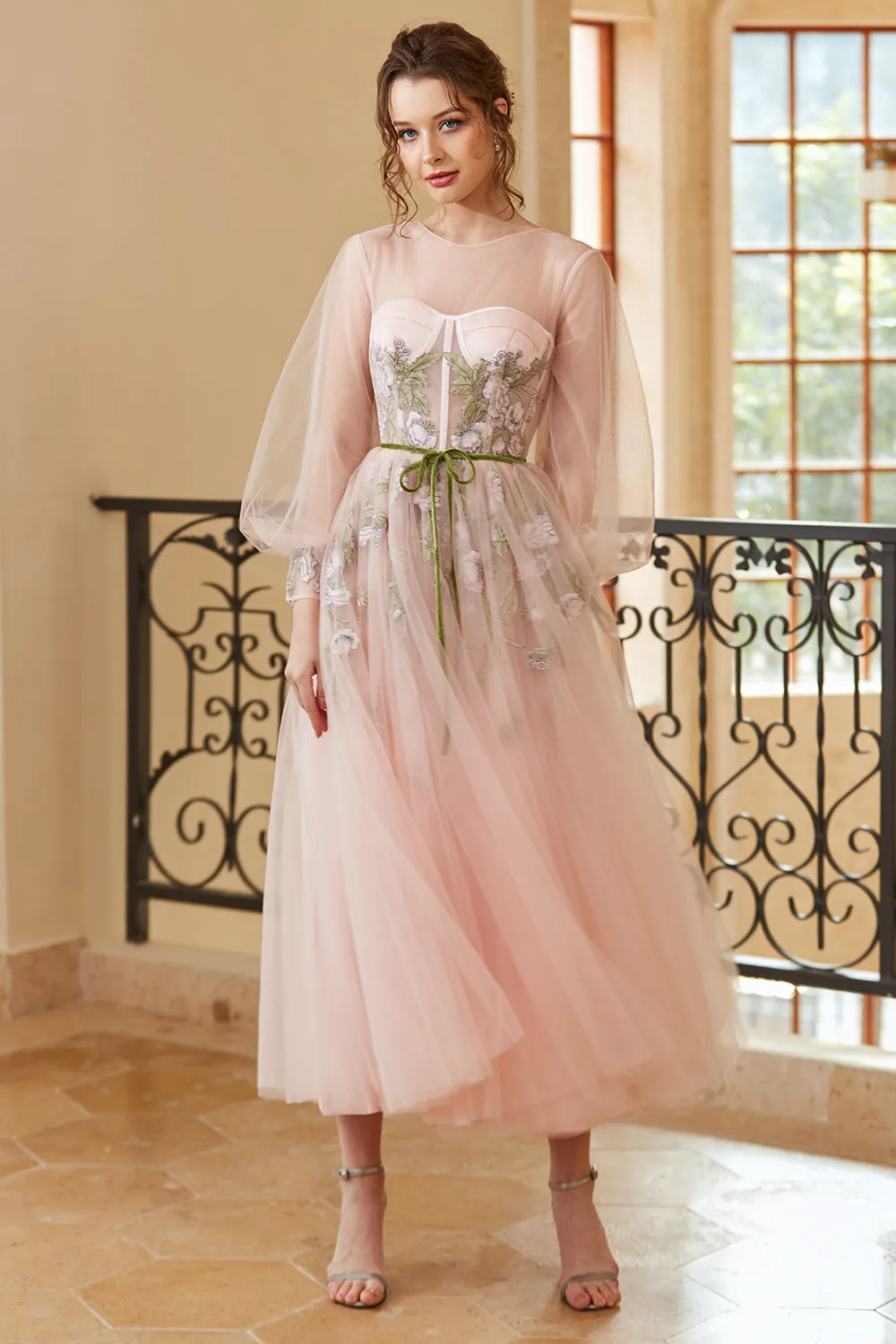A Line Jewel Light Nude Tea Length Prom Dress with Long Sleeves sold by Zapaka product image thumbnail 5