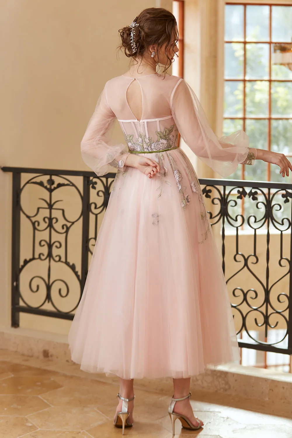 A Line Jewel Light Nude Tea Length Prom Dress with Long Sleeves sold by Zapaka product image thumbnail 2
