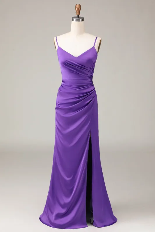 Purple Spaghetti Straps V-neck Sheath Satin Bridesmaid Dress with Slit sold by Zapaka