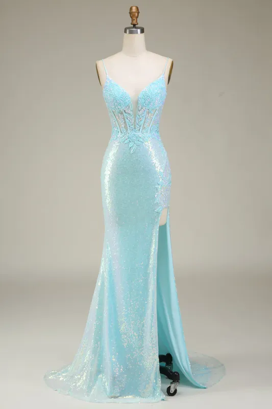 Light Blue Sparkly Mermaid Sequin Prom Dress with Slit sold by Zapaka