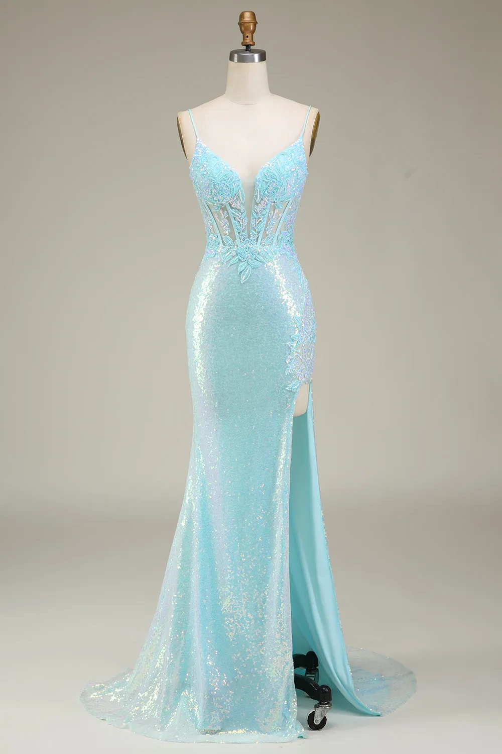 Light Blue Sparkly Mermaid Sequin Prom Dress with Slit sold by Zapaka