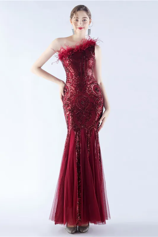 Burgundy Mermaid One Shoulder Mesh and Beaded Evening Dress With Feathers sold by Zapaka