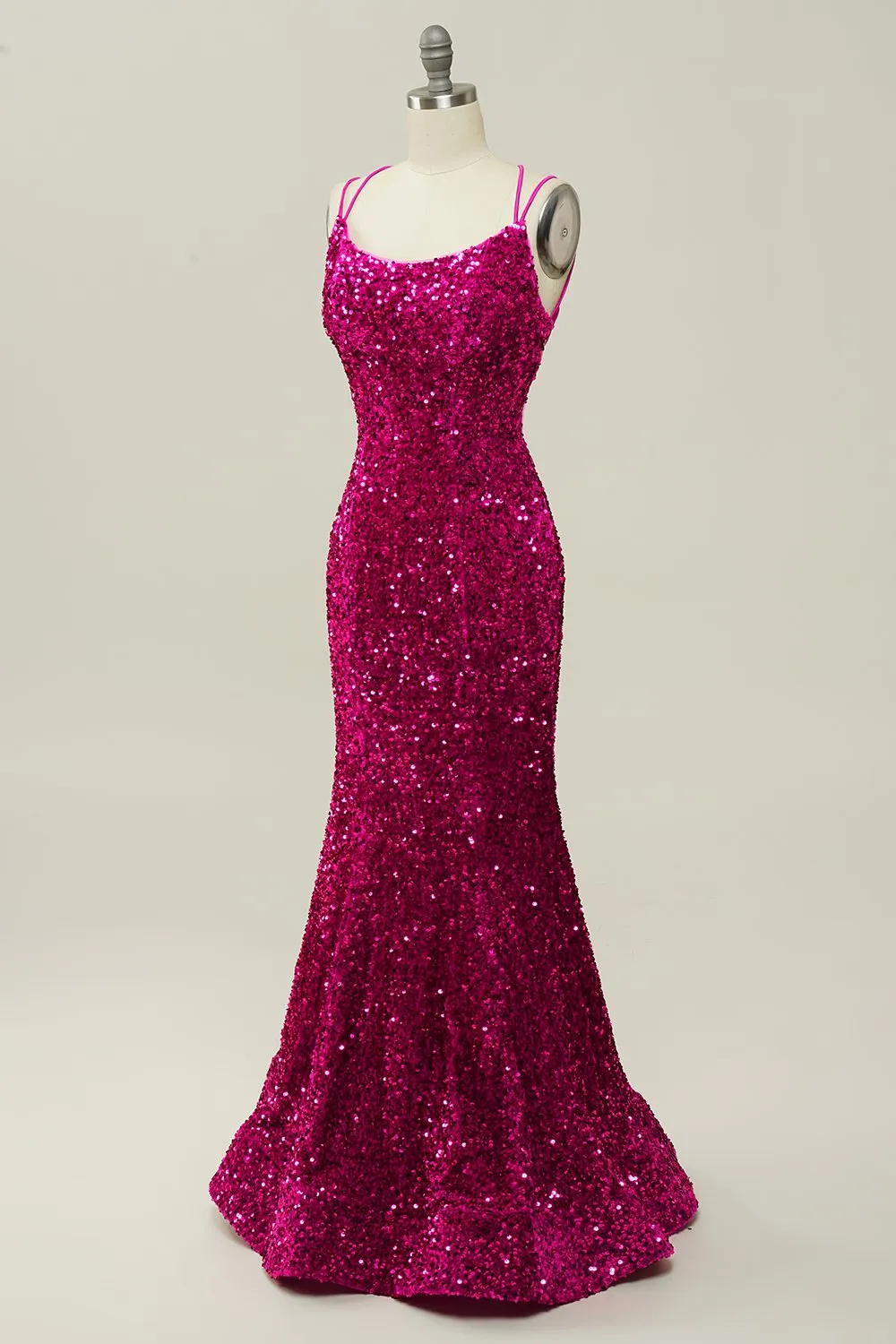 Hot Pink Sequin Spaghetti Straps Mermaid Prom Dress with Lace-up Back sold by Zapaka product image thumbnail 3
