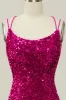 Hot Pink Sequin Spaghetti Straps Mermaid Prom Dress with Lace-up Back sold by Zapaka