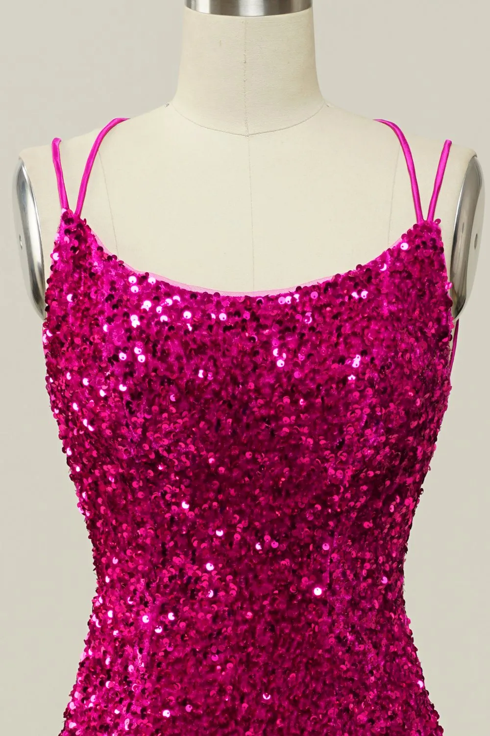 Hot Pink Sequin Spaghetti Straps Mermaid Prom Dress with Lace-up Back sold by Zapaka product image thumbnail 4
