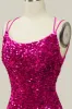 Hot Pink Sequin Spaghetti Straps Mermaid Prom Dress with Lace-up Back sold by Zapaka