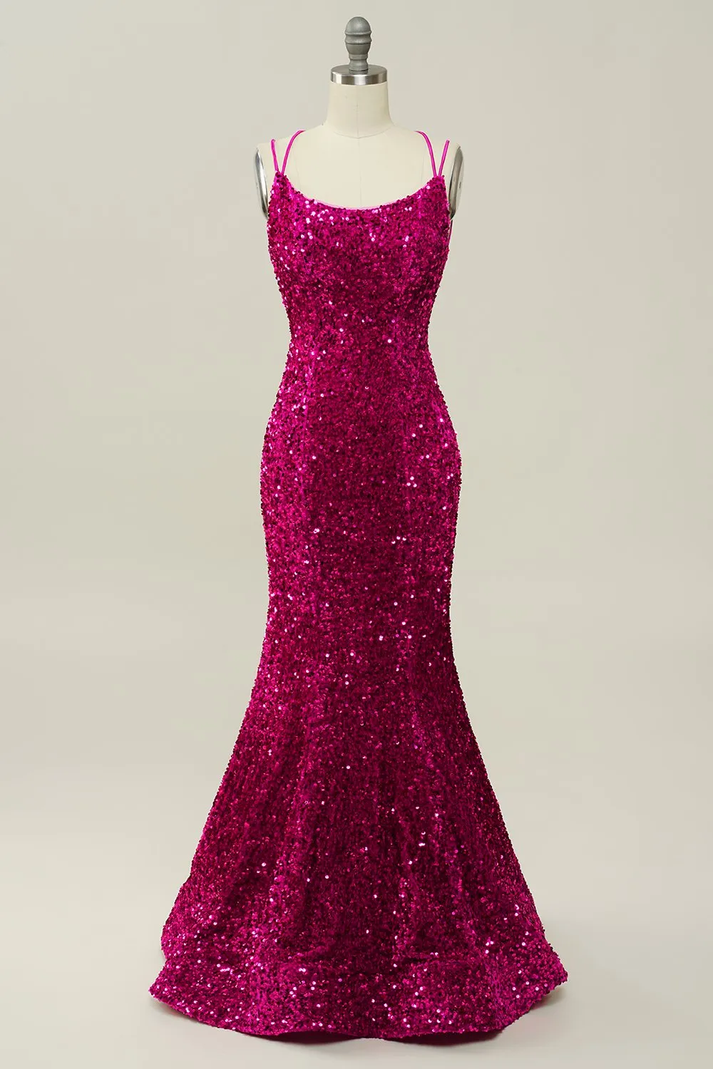 Hot Pink Sequin Spaghetti Straps Mermaid Prom Dress with Lace-up Back sold by Zapaka